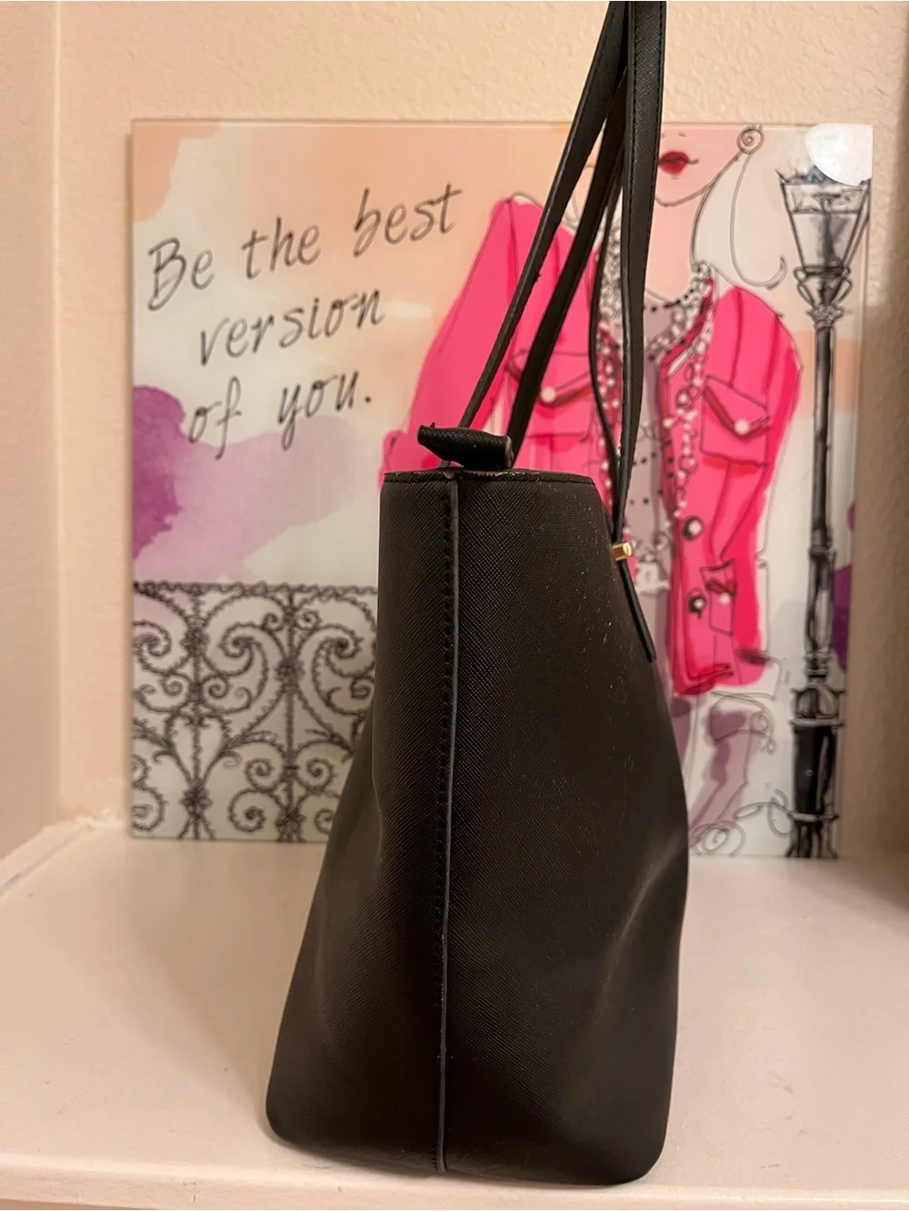 kate spade Black Saffiano Tote with Gold Logo Accents